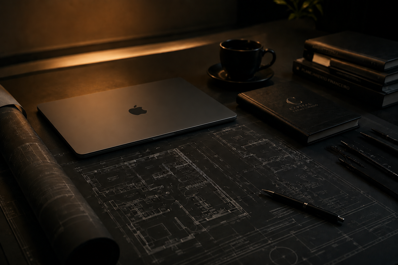 Mesa de trabalho com notebook, plantas e caderno da Capital Estruturado